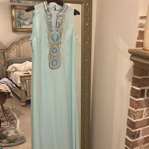 Lilly Pulitzer maxi dress sky blue with gold silver blue beaded detailing size 8